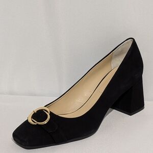 Ron White Black Suede Block Heel Pumps - Gold Buckle Detail - Size 41